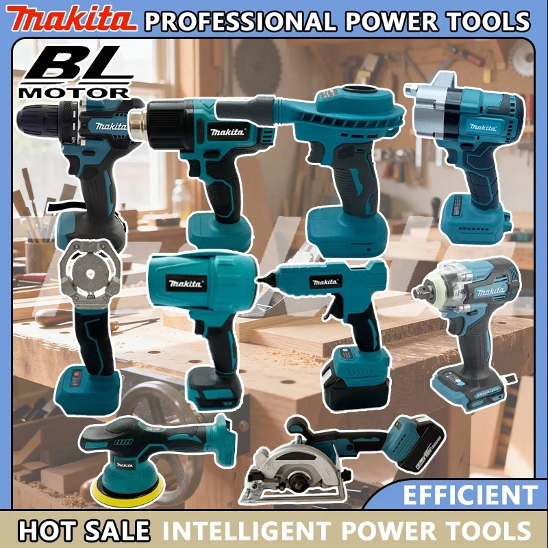 

Различные модели портативных аккумуляторных электроинструментов Makita: ударный шуруповерт, аккумуляторная отвертка, электрическая сабельная пила