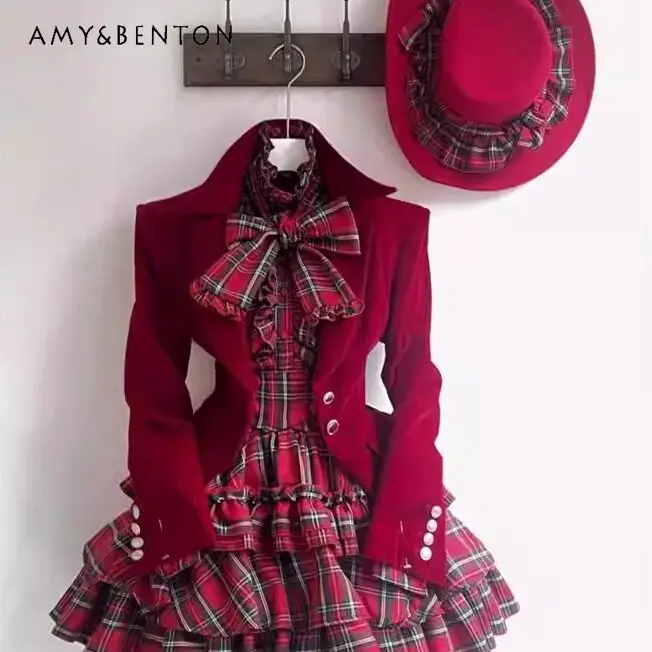 

Spring Summer New Year Christmas Lolita Vintage Waist-Cinching Red Coat Bow Layered Plaid Puffy Dress Two-Piece Set
