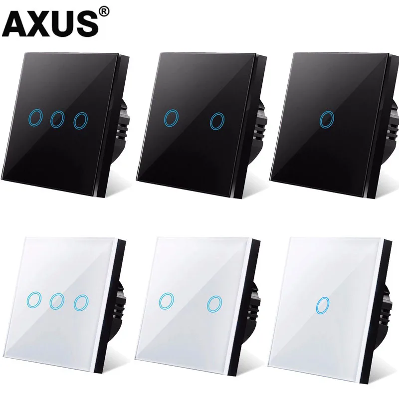 AXUS EU 강화 블랙 화이트 크리스탈 유리 터치 스위치 패널, 벽 조명 센서, 단추 스위치 10A, 1/2/3 갱 AC100-240V 