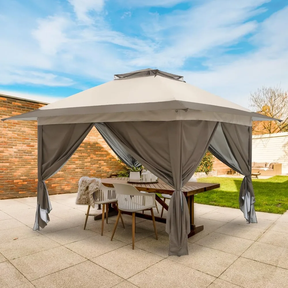 13x13 Pop Up Gazebo with 4 Wall Panels, Easy Up Canopy for Patio and Backyard, Easy Set-up Outdoor Gazebo (Beige/Brown)