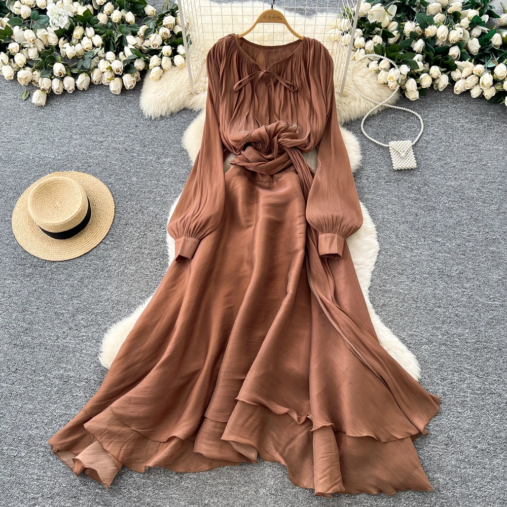 Schicke Vintage Solid Mesh Langarm schlanke elegante Fee koreanische Mode Herbst Party Damen Kleidung