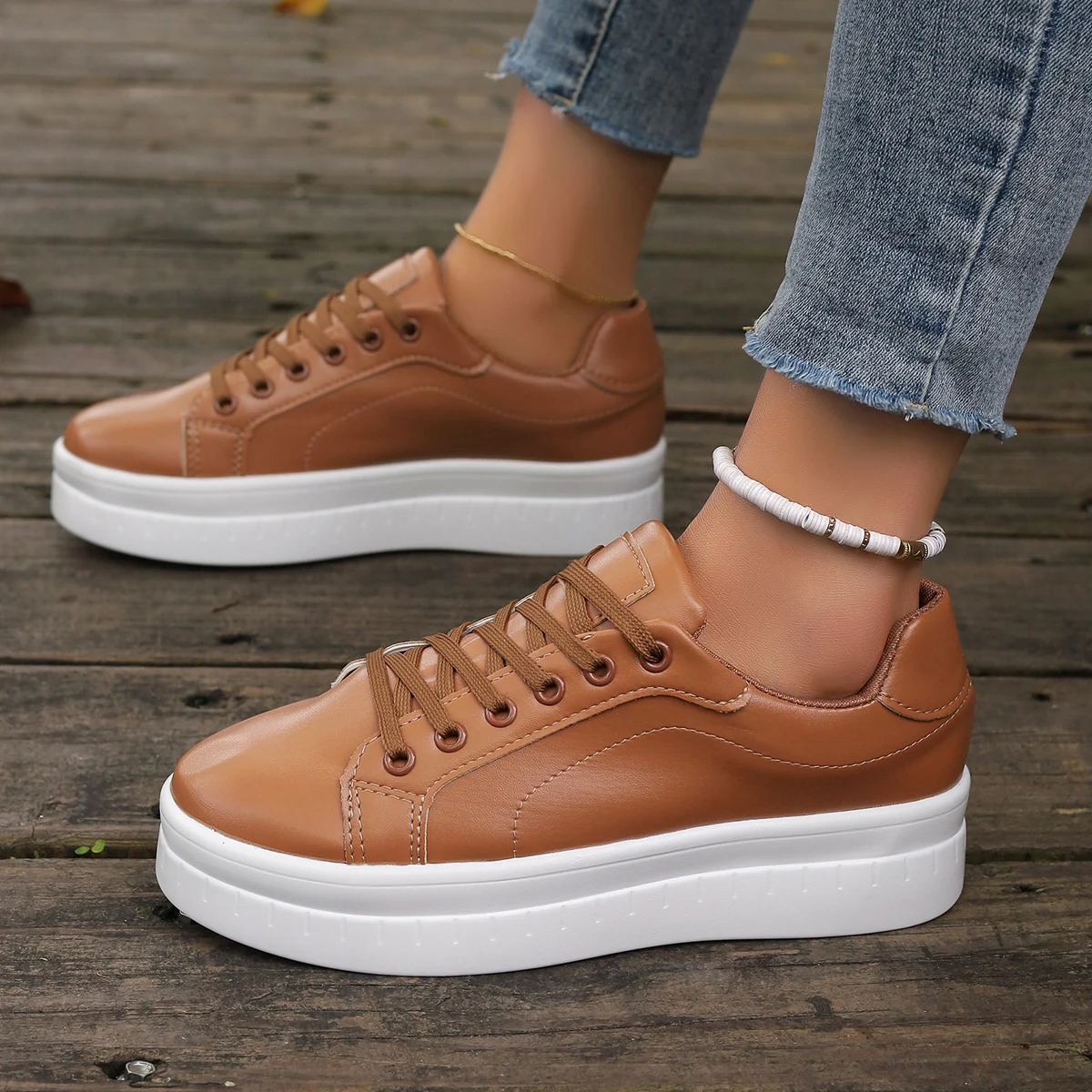 Women Leather Platform Shoes Fashion Solid Color Chunky Heel Sneakers Casual Flat Sports Shoes Designer Shoes Zapatillas Mujer