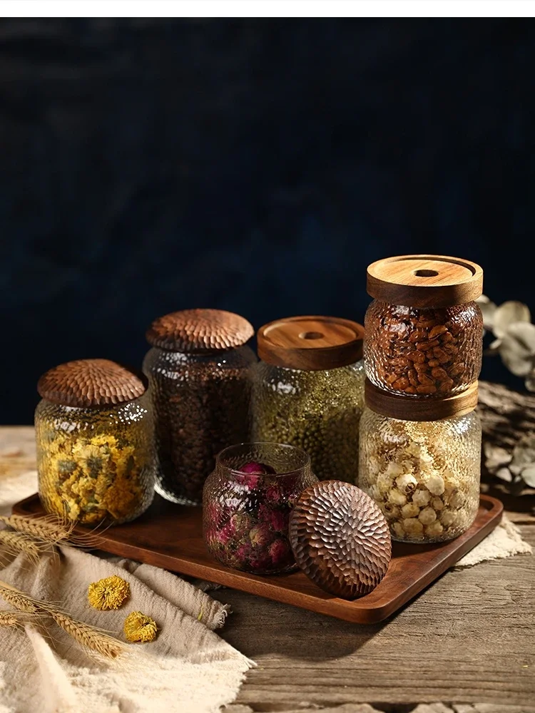 Acacia wooden lid glass multigrain storage bottle household strong sealed can tea jars