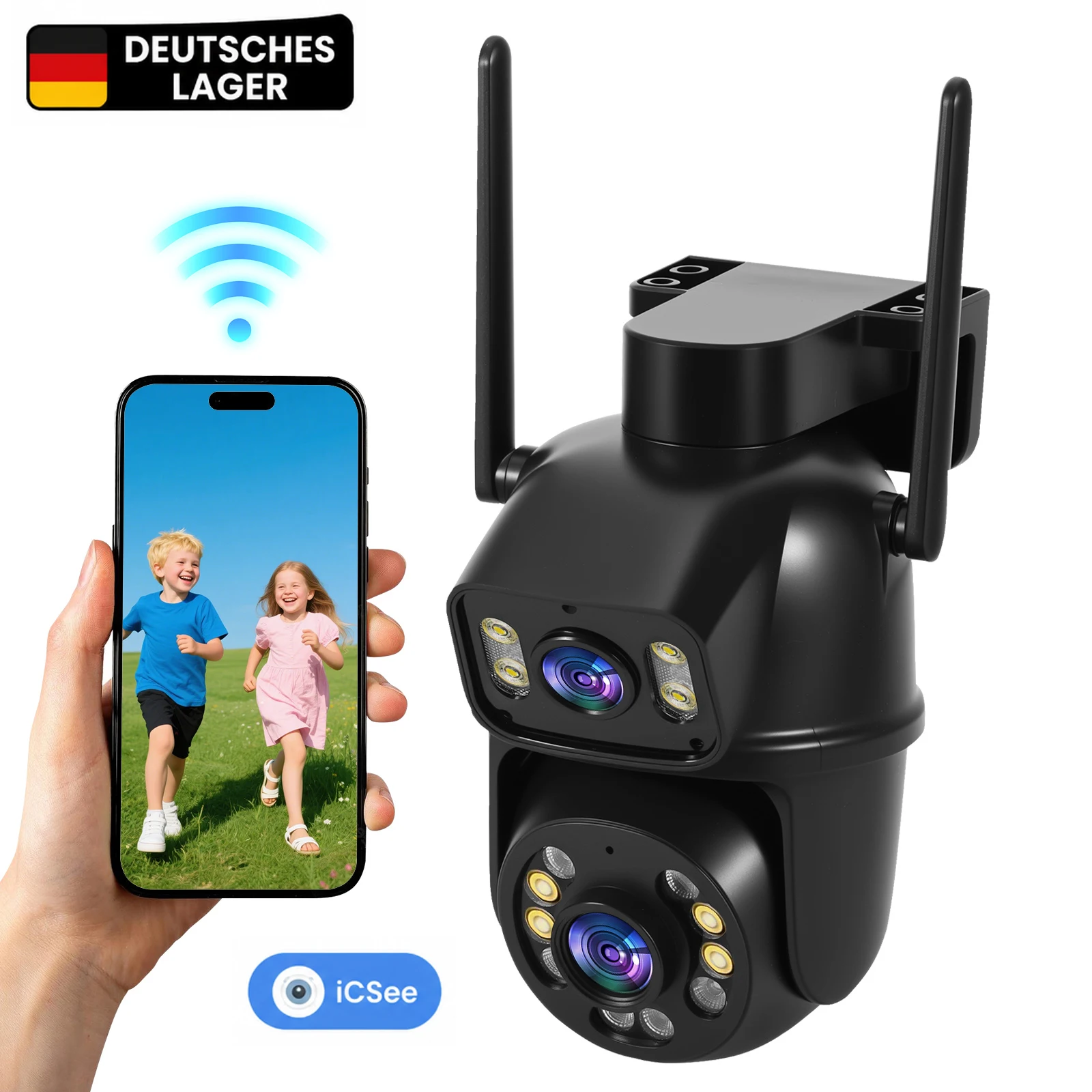 4K 8MP Dual-Objektiv WLAN Außen-Sicherheitskamera Kabellos 2.4G PTZ AI Auto-Tracking IP66 Farb-Nachtsicht Zwei-Wege-Audio EU-Stecker für Haus und Garten