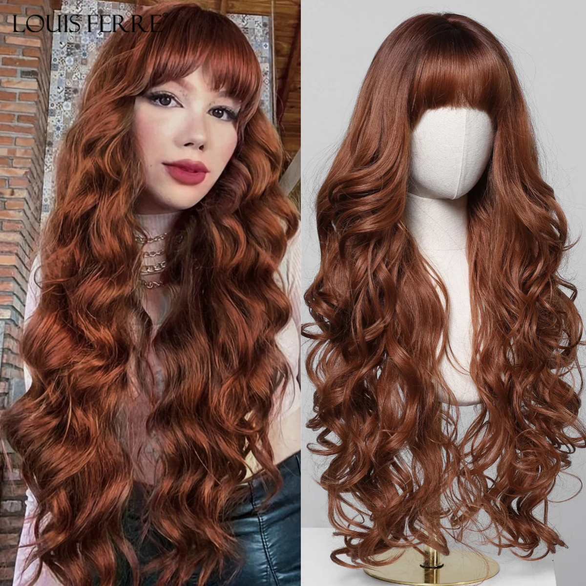 

LOUIS FERRE Синтетические парики с челкой Красный Коричневый Оранжевый Натуральный Парик Для Женщин Повседневный Косплей Длинные Вьющиеся Волнистые Волосы Термостойкие