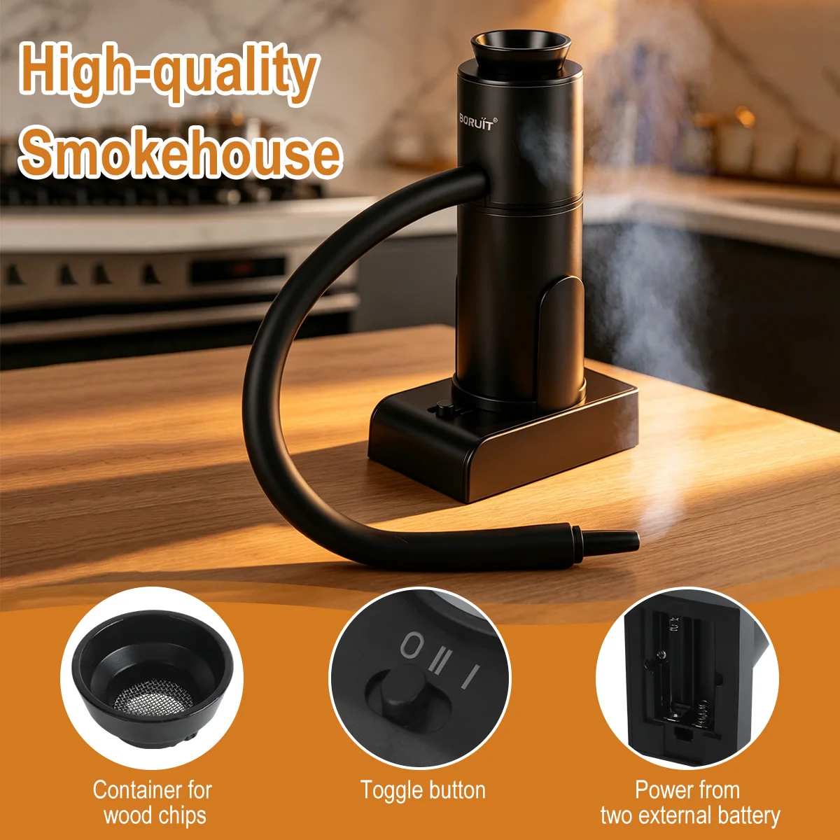 BORUiT SK303 Portable Food Cold Smoke Generator Molecular Cuisine Smoking Gun Meat Burn Cooking for BBQ Cocktail Use AA Battery
