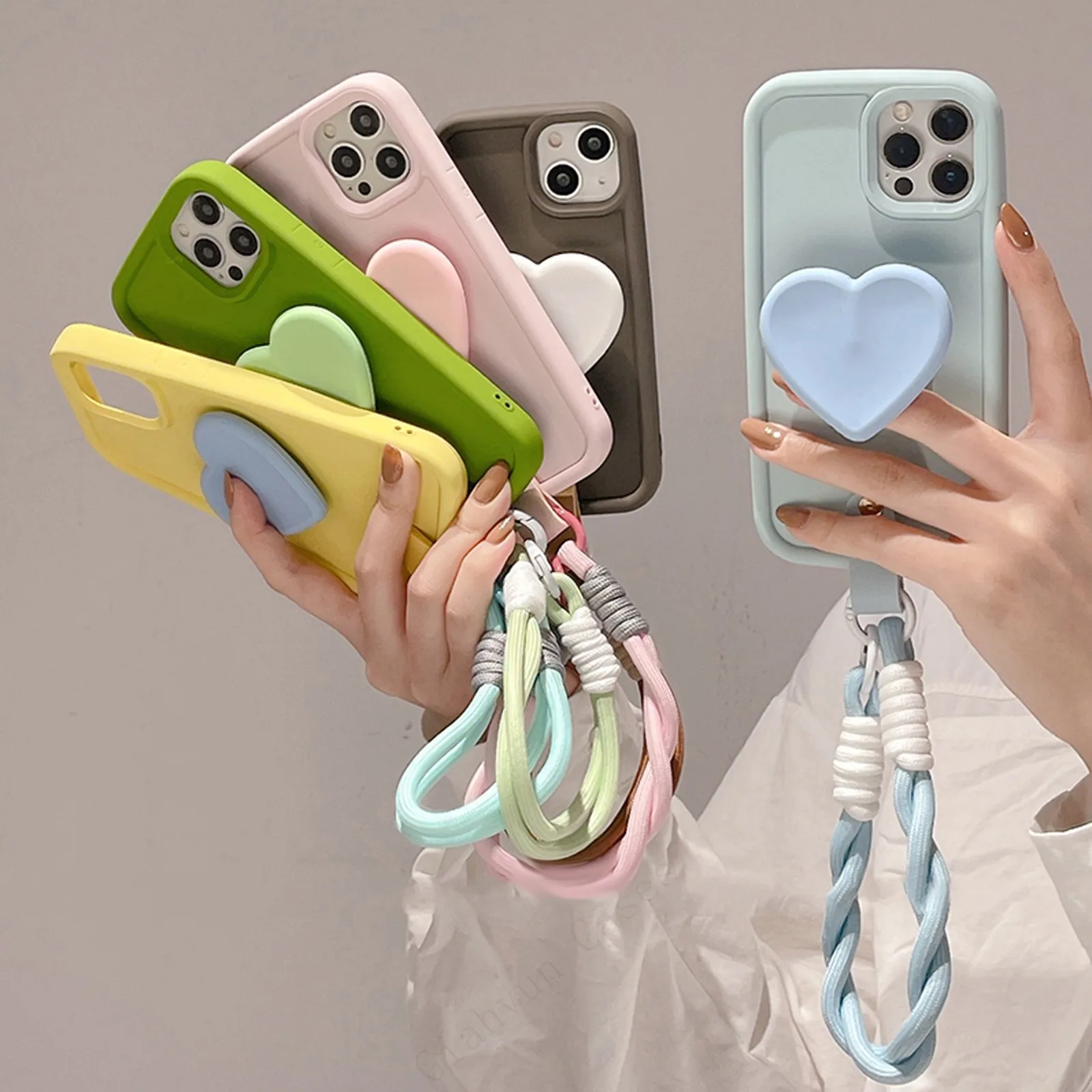 3D Cute Heart Anti-lost Lanyard Chain Strap Holder Phone Case For iphone 15 14 X XR XS 1113 Pro Max 12 Pro 7 8 Plus Gift