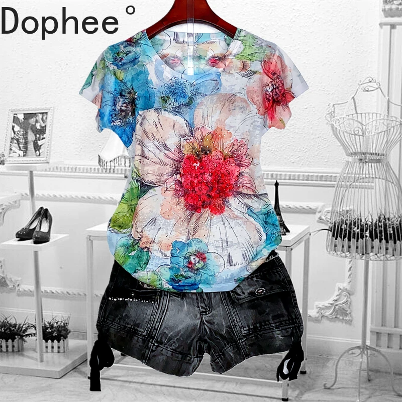 Mulberry Silk Flowers Printed Hot Drilling Women T-shirt All-match Summer Large Size Bottoming Tees Casual Short Sleeve Tops