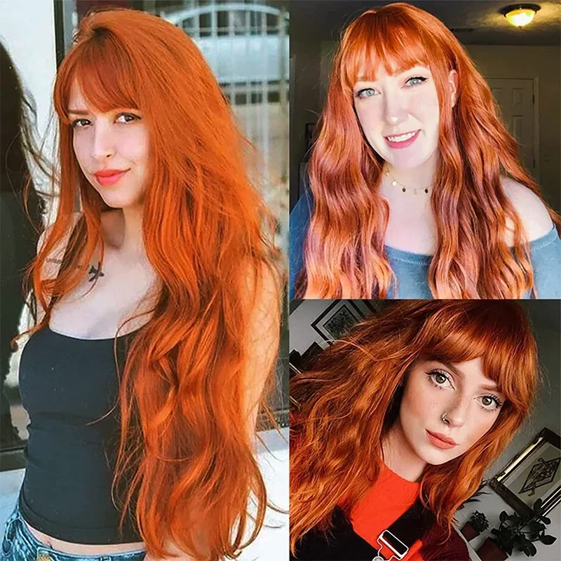 Curly Orange Synthetic Hair No Lace Wigs Full Bangs Long Loose Wave Fashion Party Wig for Party Cosplay Daily Use Natural