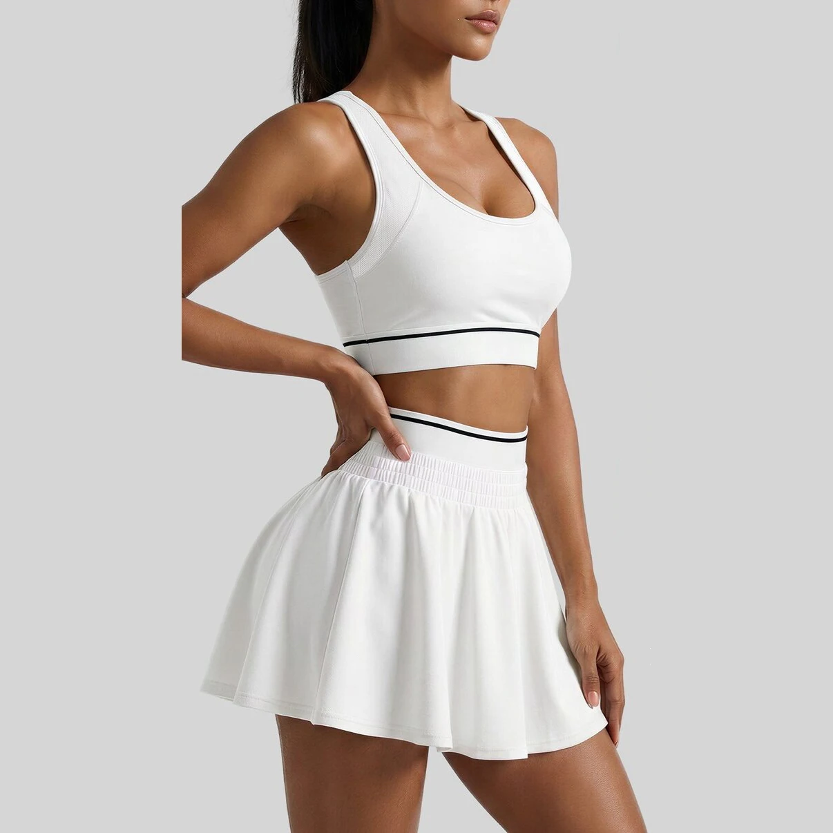 Women 2 PCS Tennis Outfit Sets Striped Sports Bra High Waist Pleated Skirt Built‑in Shorts Workout Yoga Fitness Activewear