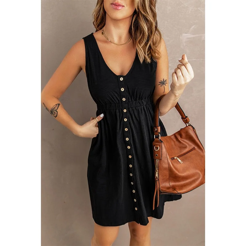 Womens Summer Sleeveless Dress Button Down Elastic Waist Swing Loose Plain Short Dresses Casual Tank Tops Dresses Plus Size