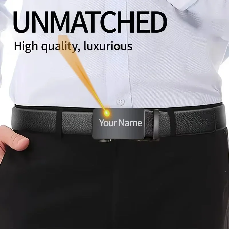 Custom Name Men's Belt Engraved Text Automatic Buckle Waistband Personalized Great Gift for Boyfriend, Husband Father, Birthdays