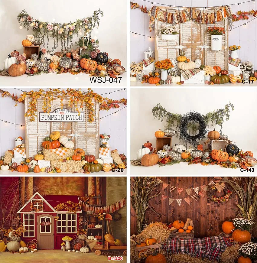 Autumn Backdrops Fall Pumpkins Bumper Harvest Maple Leaves Farm Barn Haystack Baby Portrait Photo Background Photography Props