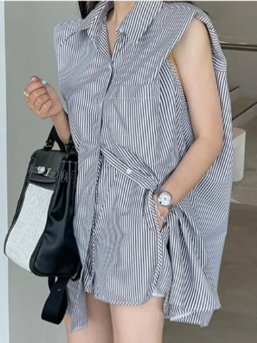 

Женский комплект в полоску Svel irt, свободный крой, повседневные брюки с высокой талией, комплект из двух предметов, летний топ Faion BF Sle oulder Pad