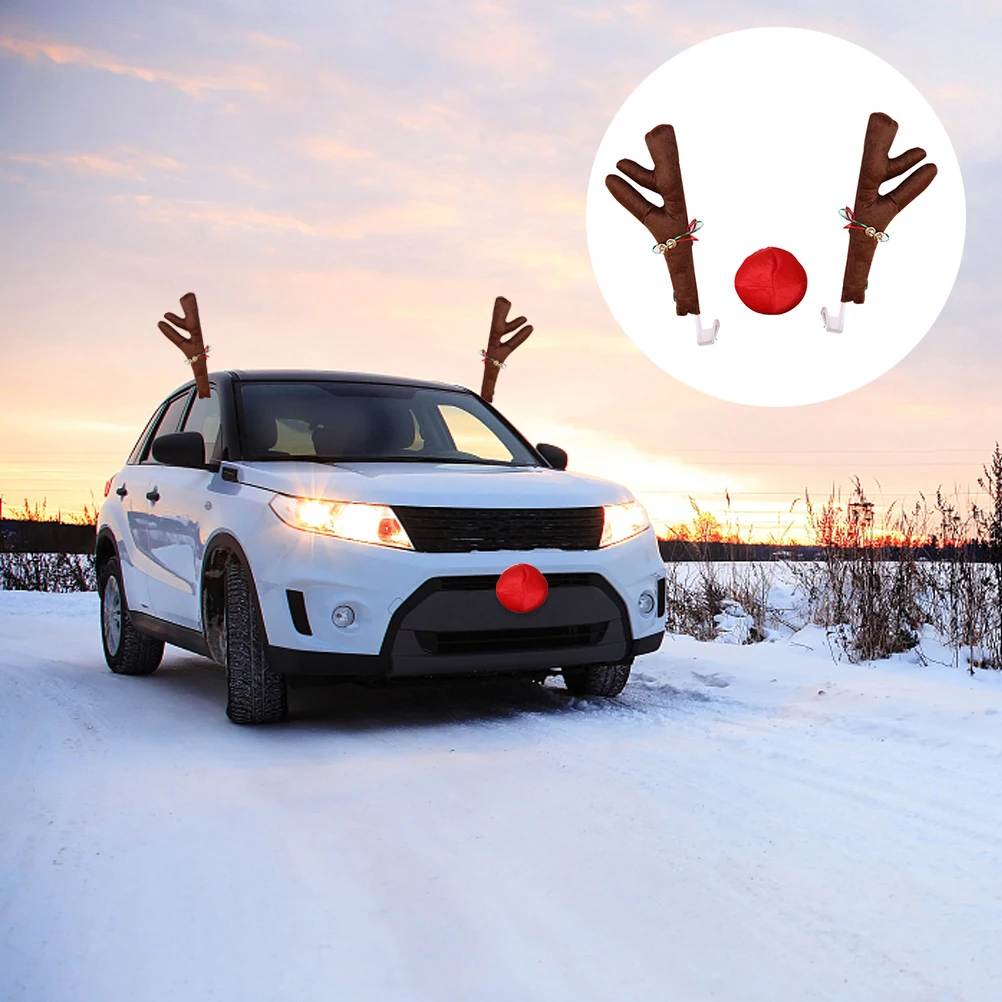 Christmas Car Decor Car Christmas Reindeer Antler and Nose Decorations Vehicle Christmas Car Decor Kit for Car SUV Van Truck