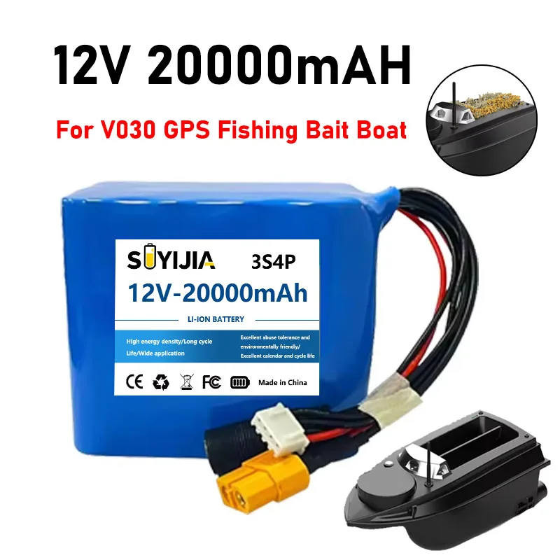 18650 3S4P Lithium-Ion Battery 12V 20000mAh with BMS High Power Remote Control Fishing Bait Boat Battery for V030 GPS Bait Boat