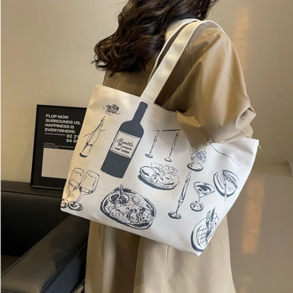 Fashion Canvas Shoulder Bag Casual Gentlewoman Tote Bag Cartoon Pattern Underarm Bag Large Capacity Handbag Shopping Bag