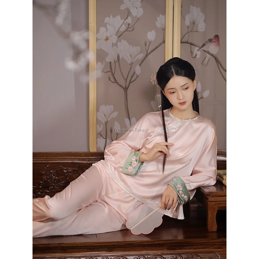 

2025 new chinese retro style silk ancient style women hanfu pajamas home wear embroidery round collar top long pants loose set