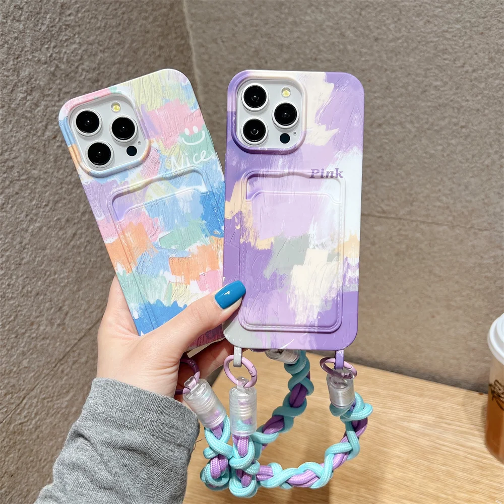 Watercolor Painting Pattern Phone Case for IPhone 15 14 Plus 12 13 Pro Max Card Slot Holder Wallet Wrist Strap Soft TPU Cover