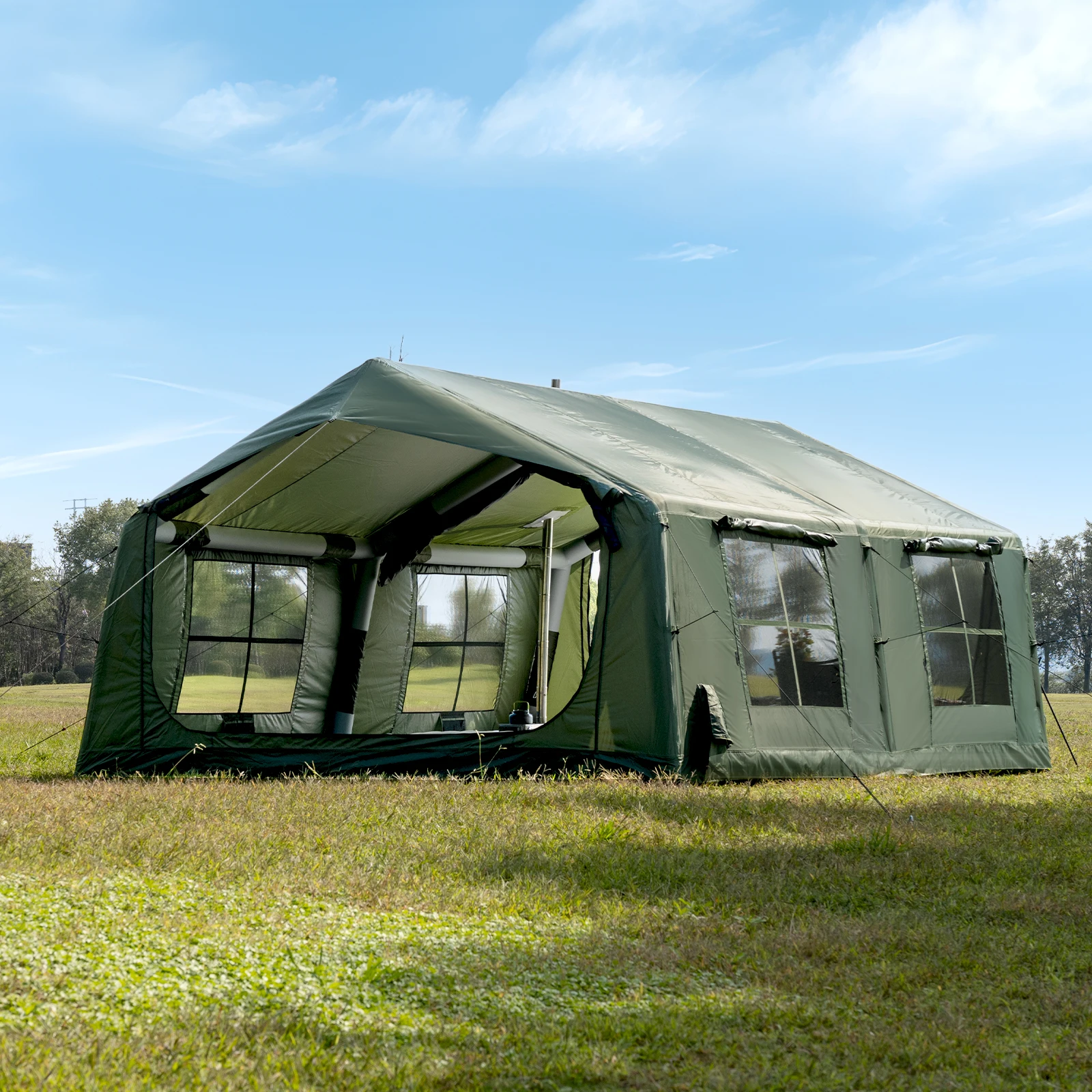 

Мгновенная настройка 17.8 ㎡ Надувная семейная палатка для кемпинга из прочной ткани Оксфорд, большая пневматическая палатка для комфортного глэмпинга