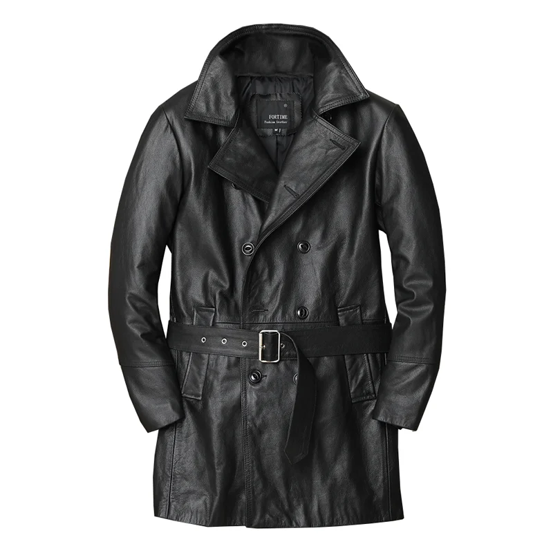Black Long Spring Leather Jacket Men Europe Style Plus Size 5XL Genuine Natural Cowhide Turn-Down Collar Belt Windbreaker Coat
