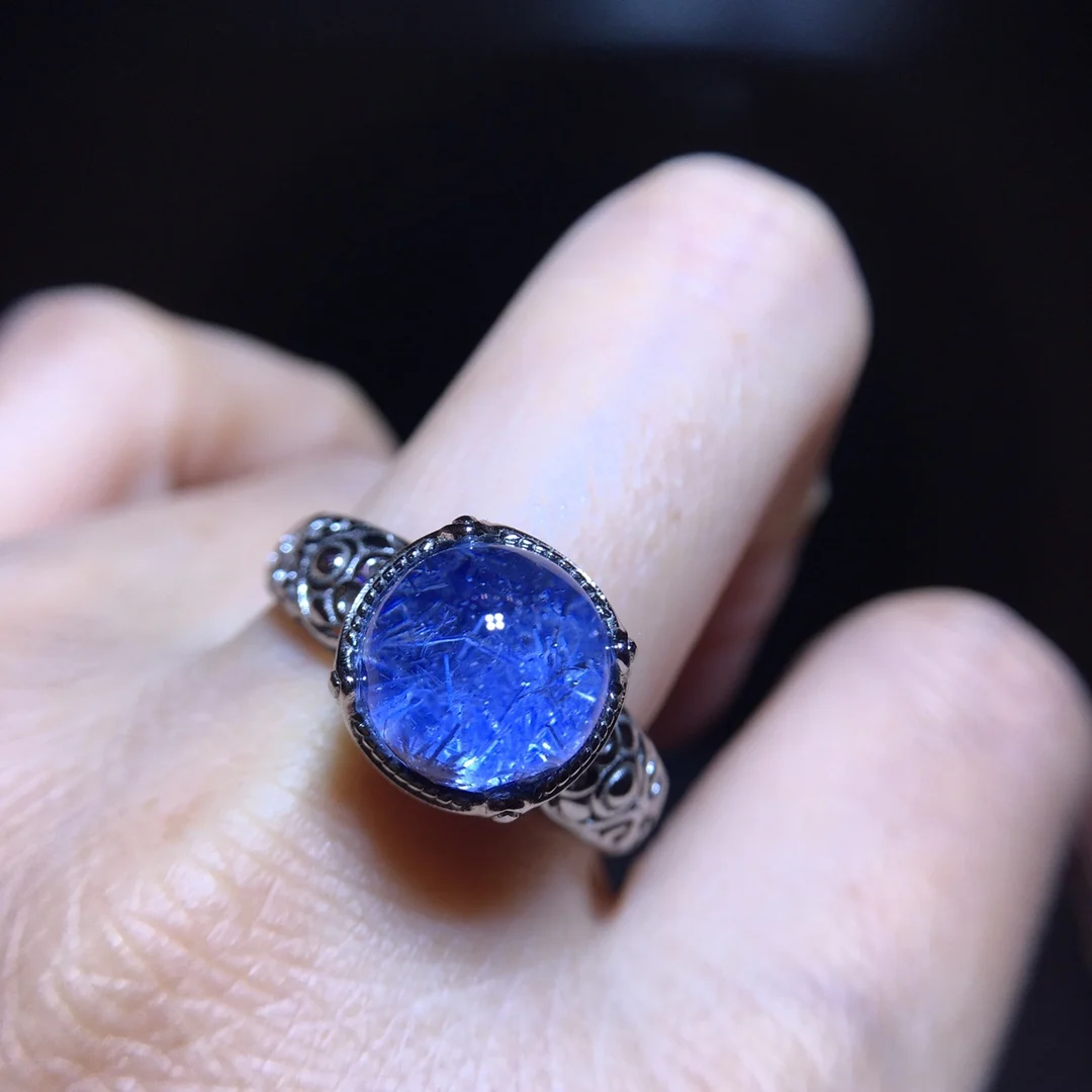 الطبيعية الأزرق Rutilated Dumortierite الكوارتز قابل للتعديل الدائري 9.7 مللي متر البيضاوي امرأة الرجال خاتم AAAAAAA #5