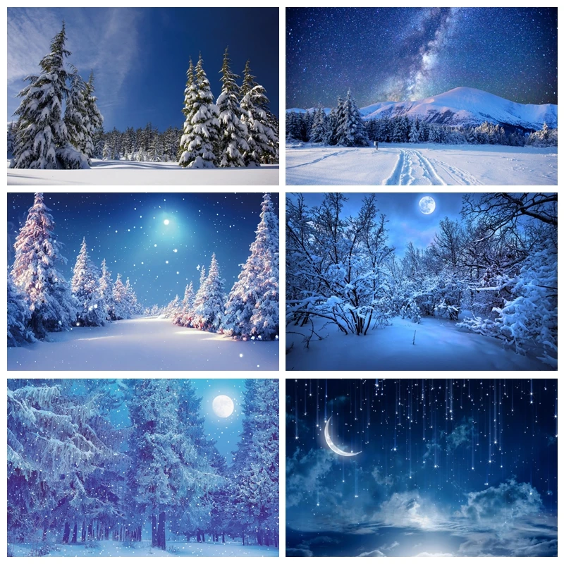 Winter Night Backdrop Wonderland Snow Forest Mountain Natural Landscape Christmas Party Decor Photography Background Photo