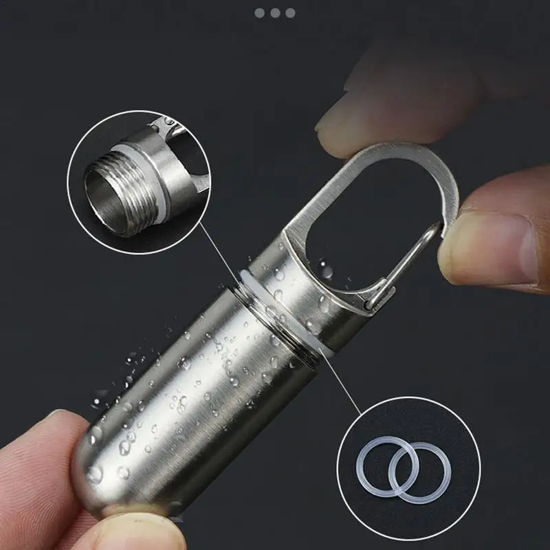 1pc Portable Stainless Steel Medicine Bottle Keychain Case Container Waterproof HolderDrug Pill Box Keyring For Outdoor Camping