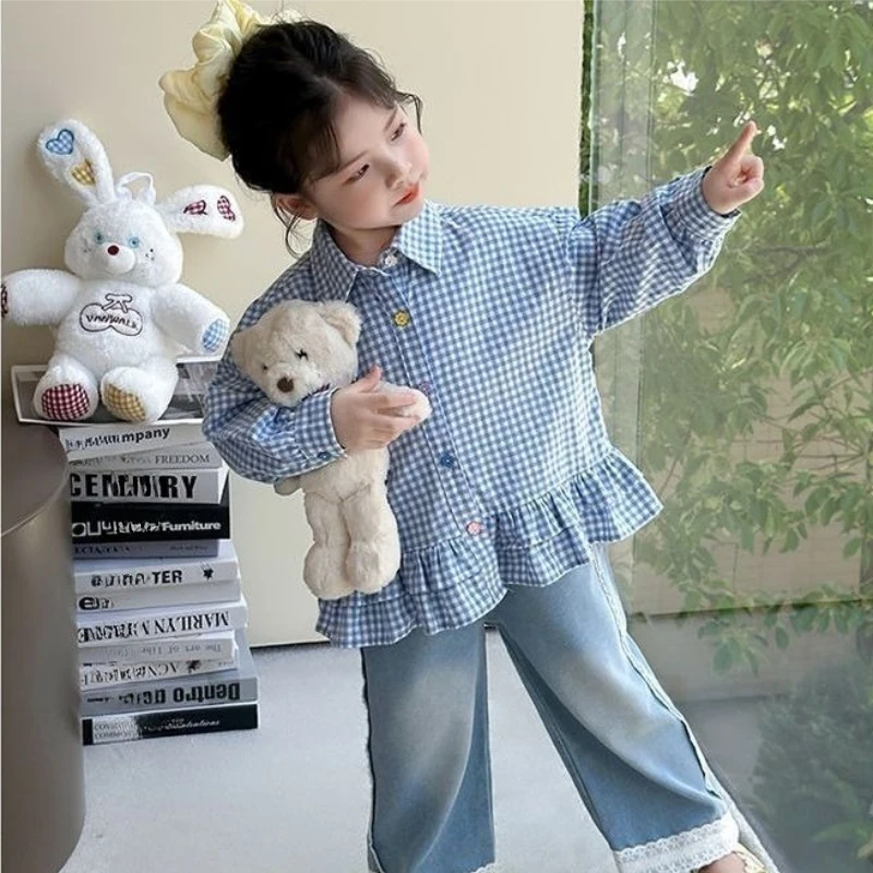 2026 Girls Plaid Shirt Sweet Ruffle Collar Autumn Tops Kids Fashion Children Blouse 2