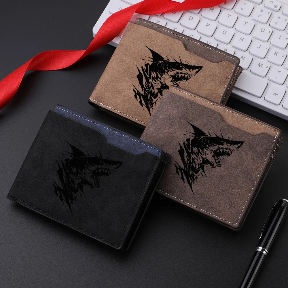 محفظة رجالية قصيرة بنمط سمك القرش من جلد البولي يوريثان بتصميم كاجوال عتيق ومحفظة متعددة الفتحات للبطاقات للطلاب الصغار