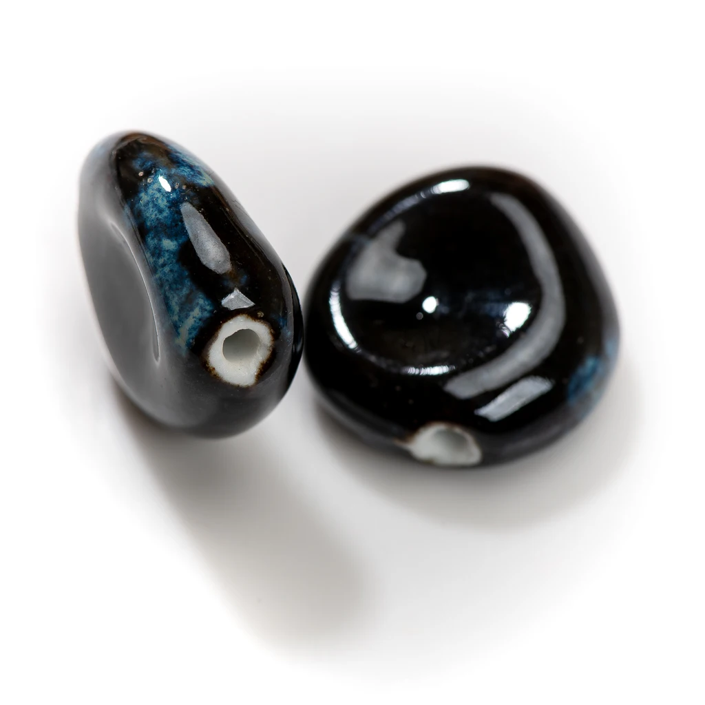 34mm Large Irregular Ceramic Bead Black with Blue Accents For Designer Jewelry Single Piece Creative DIY Material Sold TCZ194