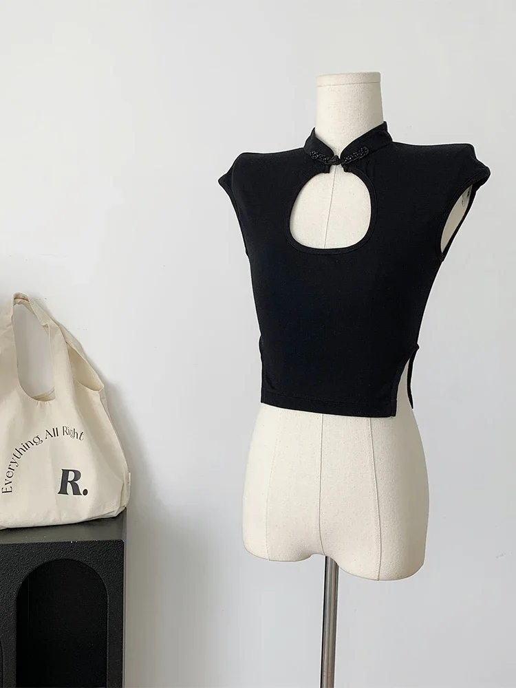 

Summer Women Fashion Hollow Out Gyaru Chinese Style Sleeveless T-Shirts Stretch Slim Tees Aesthetic Cozy Tops Slit Design Tide
