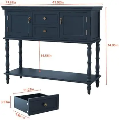 Console Table with 2 Drawers, Retro Entryway Table with 2 Door Cabinets and Open Storage Shelf, Narrow Long Behind