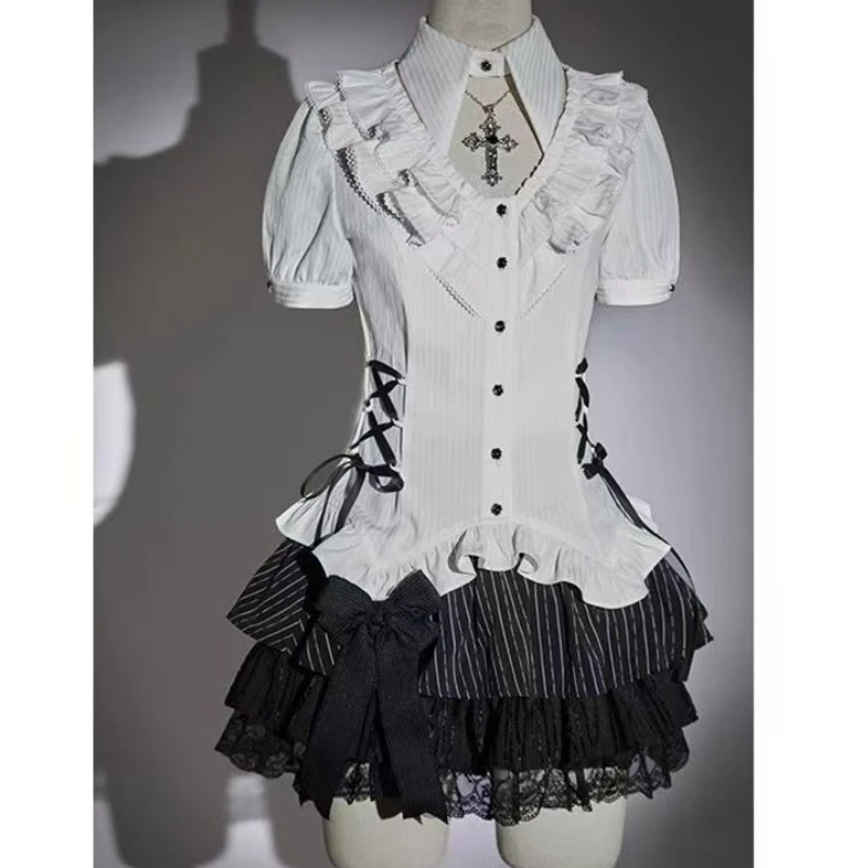 Conjuntos de 2 Piezas Estilo Lolita Gótico Japonés para Mujer, Blusas Blancas con Lazos, Minifaldas a Rayas con Cintura Alta, Atuendos Kawaii Y2k