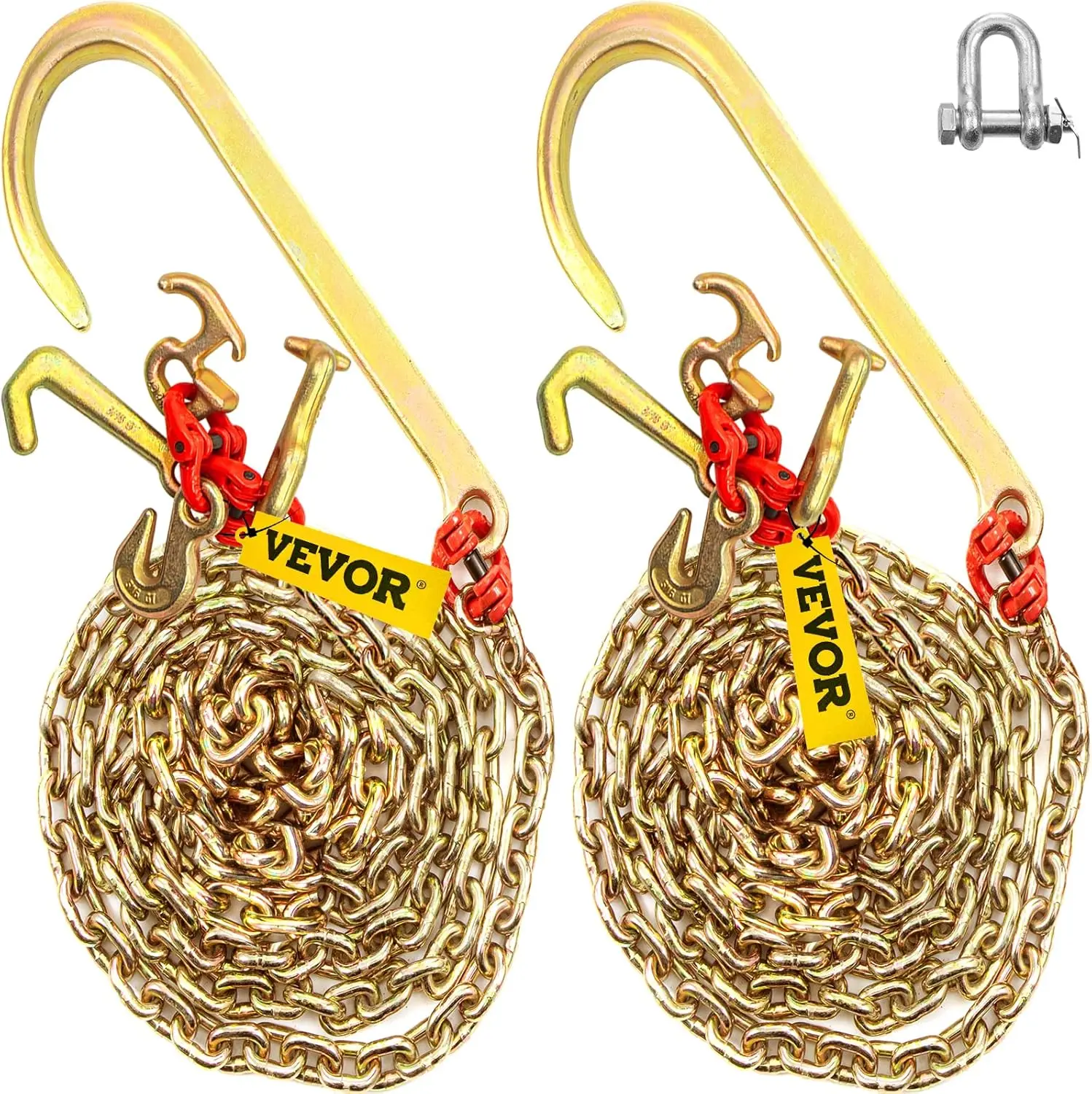 Truck Towing Application, Steel Chain with Yellow Zinc Coating, 9260 Lbs Break Strength, 2PCS J Hooks Included