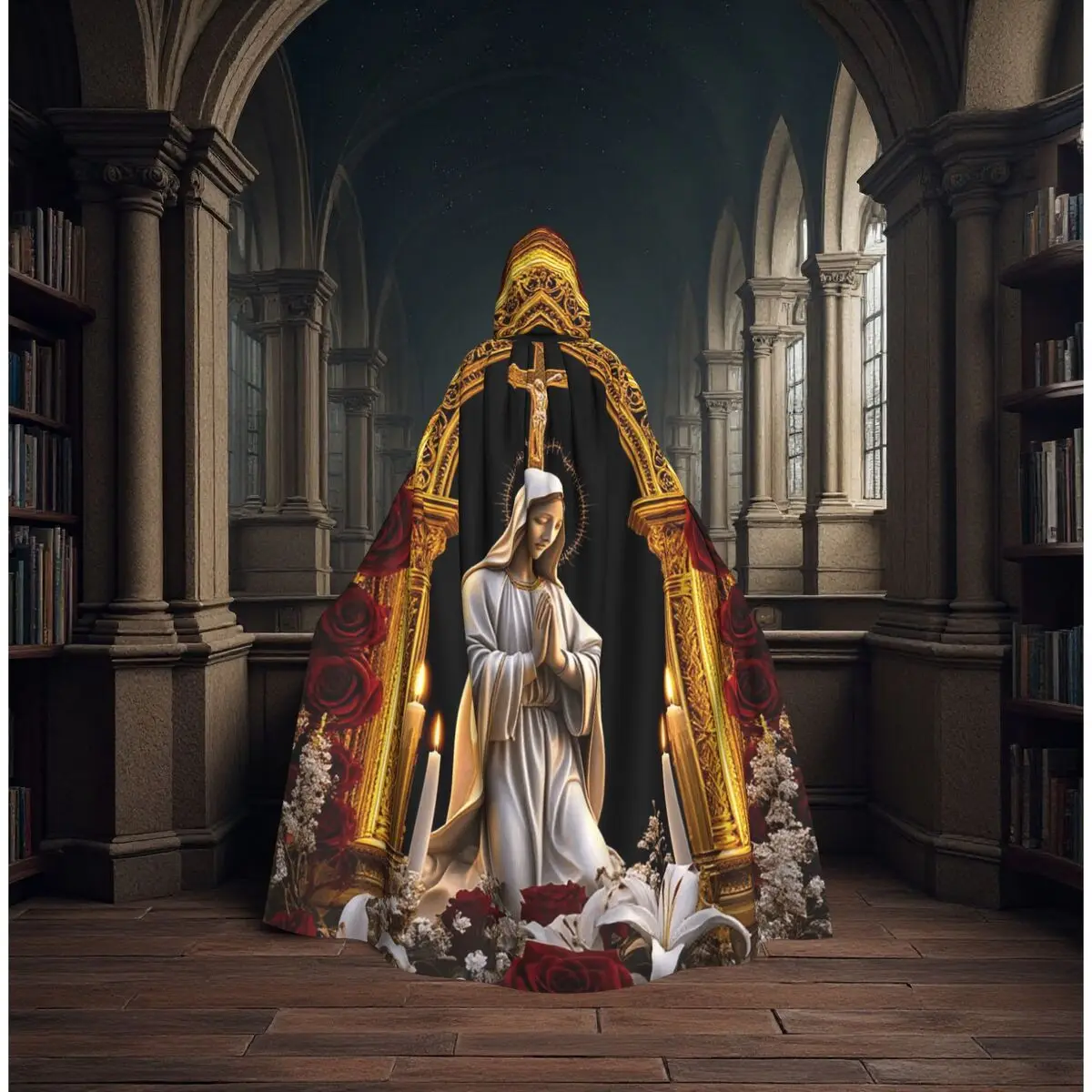 

Virgin Mary Of Guadalupe Complete With Halo And Roses Long Hooded Cloak Witch Medieval Costume Cosplay Cape HalloweenVampire