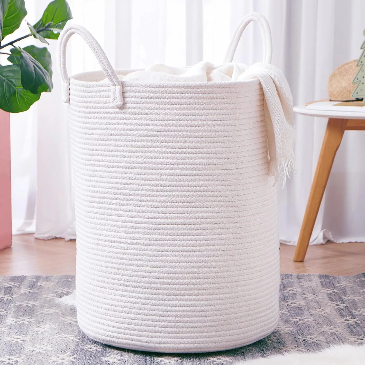

60L Pure White Woven Hamper Laundry Basket Cotton Rope Blanket Basket for Living Room 15Dx20H inches