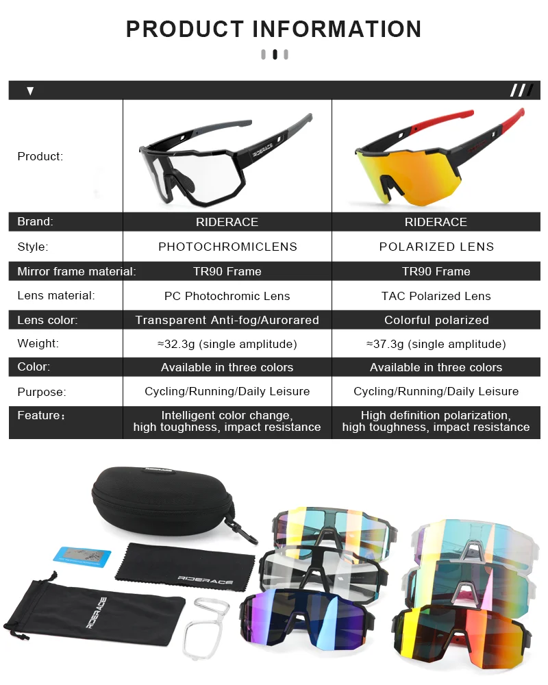 RIDERACE Cycling Sunglasses Photochromic For Men Women Sun Glasses MTB Mountain Bike Eyewear Sports Road Bicycle Goggles UV400