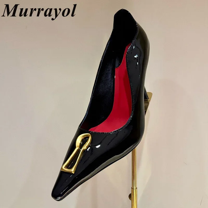 Pumps Pointed Toe Patent Leather Women Metal Decor Shallow Mouth Thin Heel Sandals Spring Summer Party Dress Shoes Single Shoes