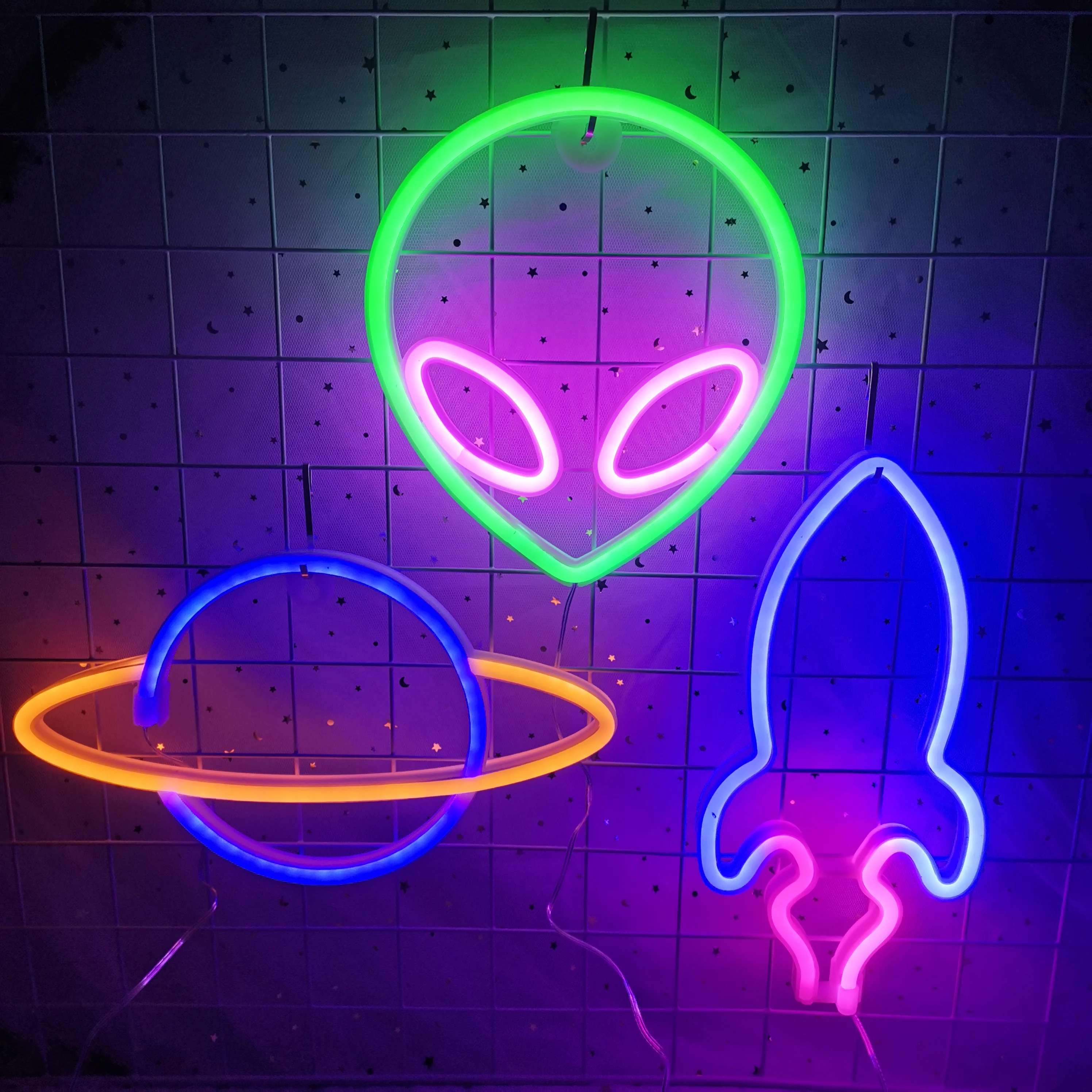 Planet Spaceman Alien Neon Sign Light Rocket Pattern Lamp LED Decor Children's Room Wall Party Birthday Halloween Xmas Shop Gift