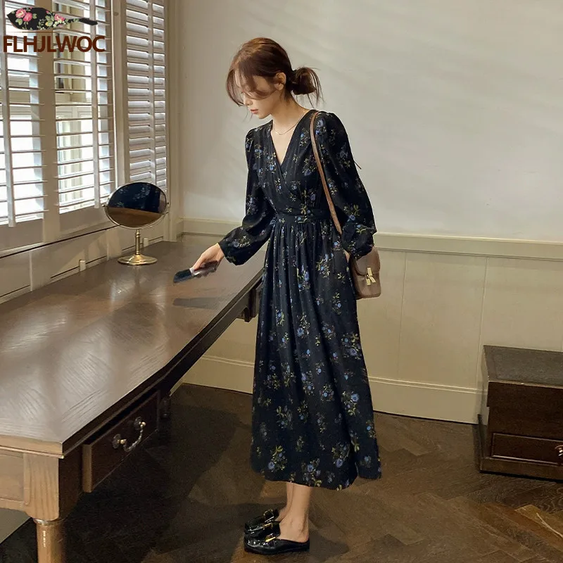Chic Korean Clothes Design Autumn Women Long Sleeve V Neck Japan Girls Cute  Floral Printed Retro Vintage Date Long Black Dress - AliExpress 200000345