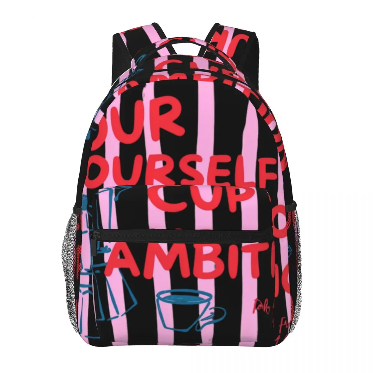 Sweet Snack Student Backpack Center Coffee Pot Quote Coffee Quote Lettering Red Blue Pink White Fun Bookbag for Girls Teens Cute