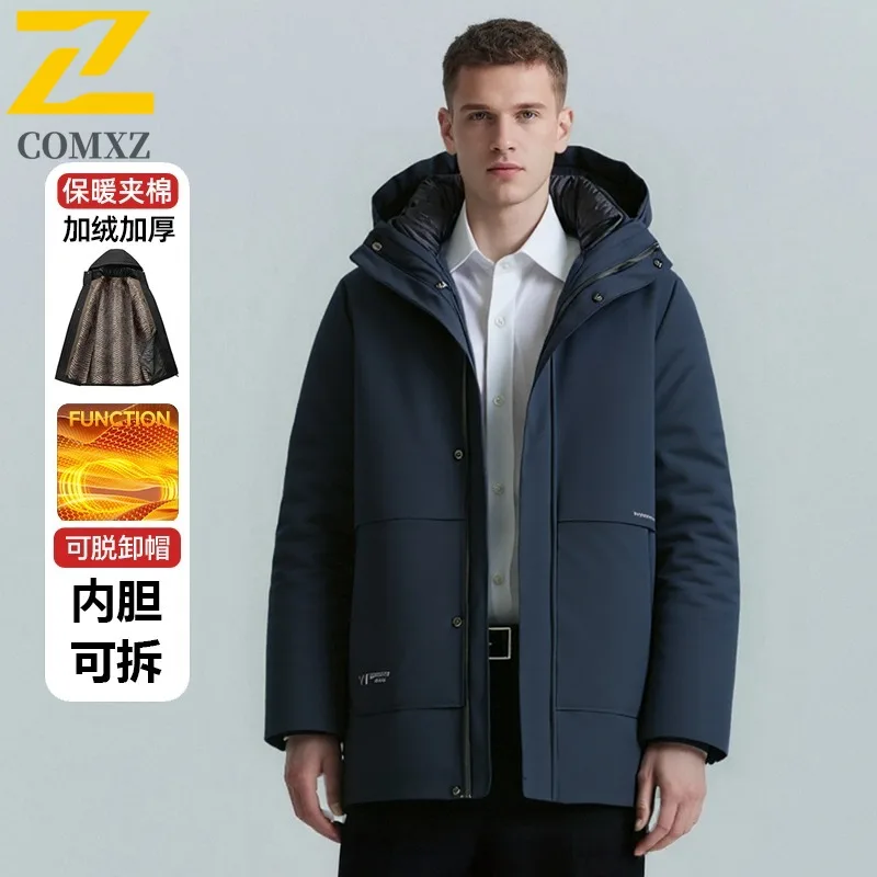 COMXZ 2025 الشتاء الصوف الحراري سترة الرجال الفاخرة سميكة انفصال مقنعين سترة المشي لمسافات طويلة التزلج مقاوم للماء القطن وسادة مبطنة