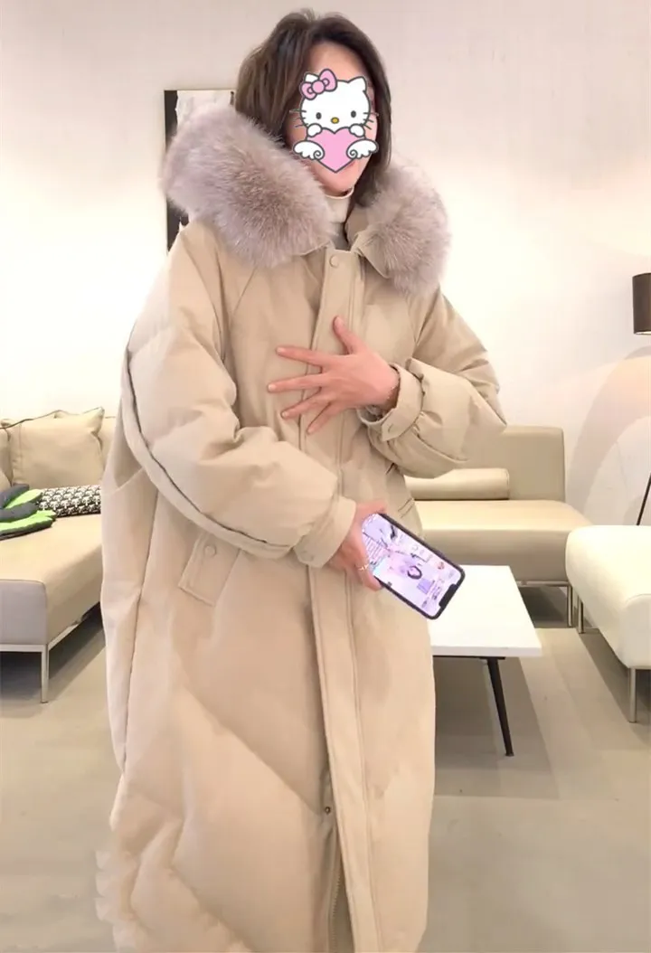 

Down jacket women's medium and long new Korean version loose knee white duck down warm winter thickened