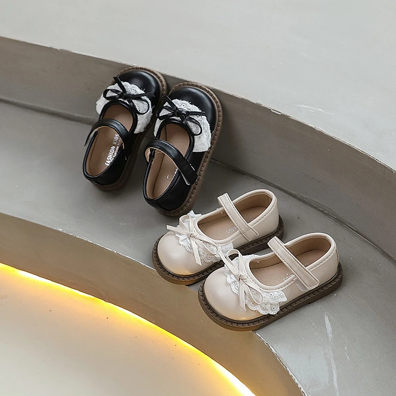 

Chic Children Causal Shoes for Girls Spring Autumn Lace Ruffled Edge Kids Leather Shoes Sweet Princess Wedding Party Flat Shoes