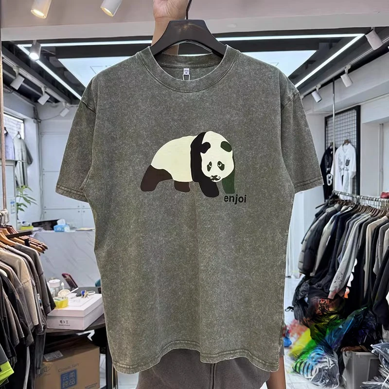 Retro trendy cartoon panda print T Shirt Men Women T-shirt Top Tees