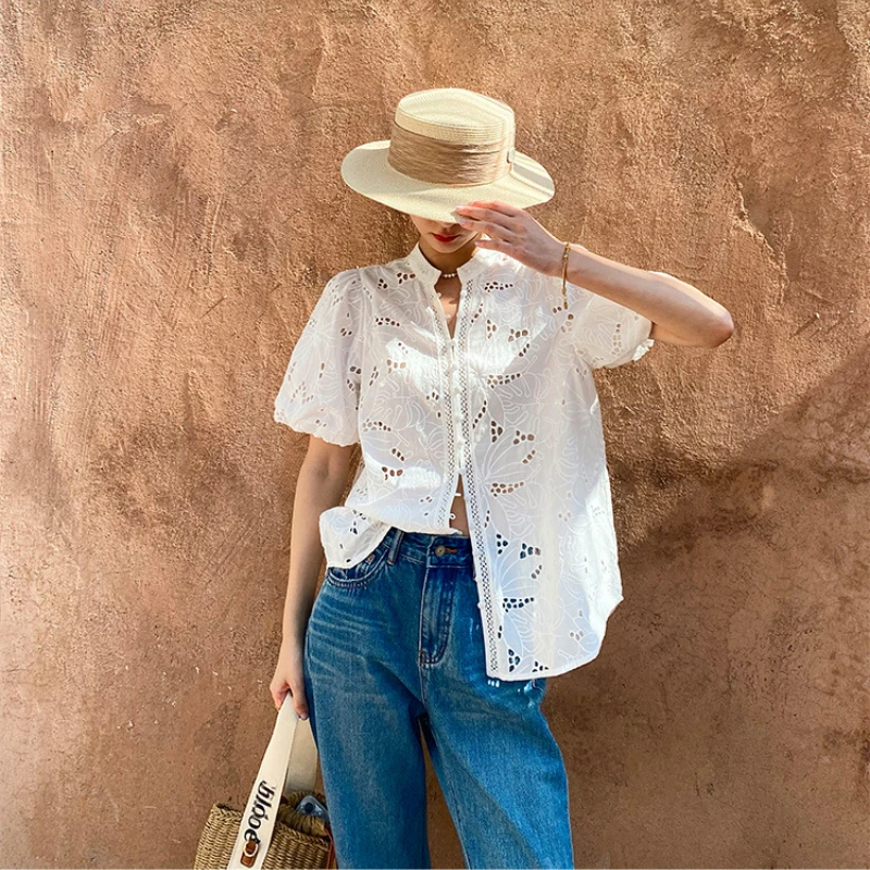 Imagem -06 - Camisa Oca Bordada Branca Boêmia Feminina Top Casual de Férias Novo Primavera Verão 2024