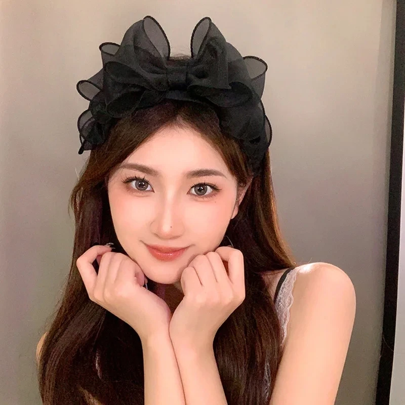 New Fashion Retro Black Mesh Big Bow Headband Women Elegant Temperament Bow Headband Headwear Sweet Cute Girls Hair Accessories