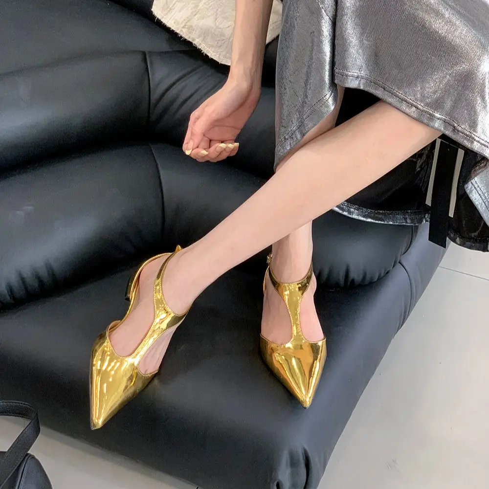 Pointed Toe Women Sandals T Strap Flat Low Heels Ankle Strap Patent Leather Fashion Dress Shoes Woman Ladies Party Size 35-39