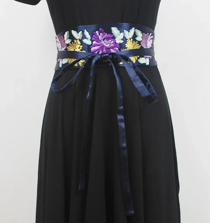 حزام نسائي على الطراز العرقي مطرز بالزهور كيمونو هانفو إكسسوارات فستان من جلد الغزال بحزام عريض